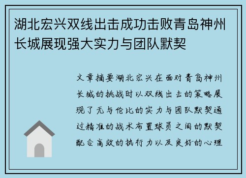 湖北宏兴双线出击成功击败青岛神州长城展现强大实力与团队默契