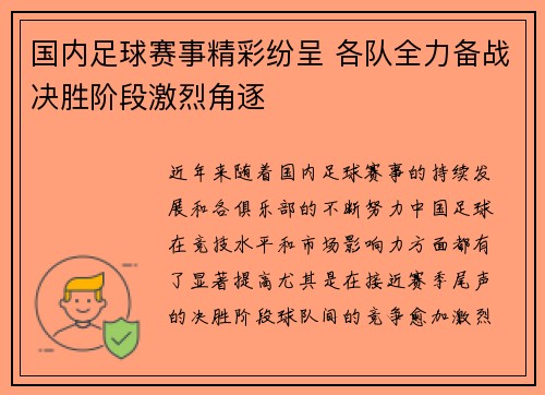 国内足球赛事精彩纷呈 各队全力备战决胜阶段激烈角逐