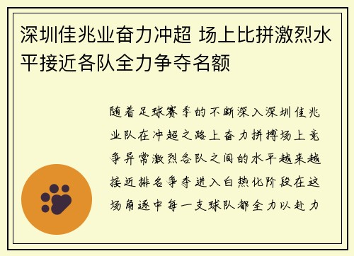 深圳佳兆业奋力冲超 场上比拼激烈水平接近各队全力争夺名额